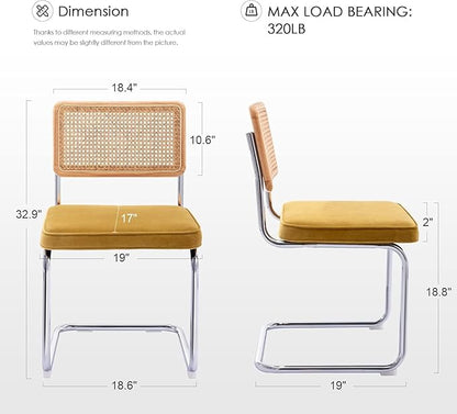Zesthouse Dining Chairs Set of 4, Natural Rattan Accent Chairs with Solid Wood Back & Stainless Chrome Base, Mid Century Modern Breuer Design Inspired, Upholstered Velvet Kitchen Chairs, Yellow