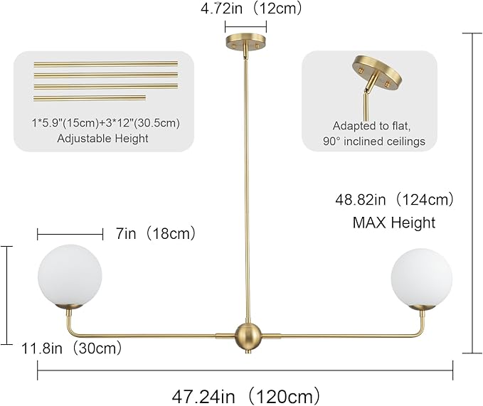 EDISLIVE Modern Milk Globe Chandelier 2-Light Frosted Glass Globe Pendant Light Fixture 47.2in E12 Linear Hanging Lighting for Kitchen Island Dinning Room Living Room Gold