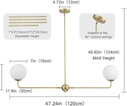 EDISLIVE Modern Milk Globe Chandelier 2-Light Frosted Glass Globe Pendant Light Fixture 47.2in E12 Linear Hanging Lighting for Kitchen Island Dinning Room Living Room Gold
