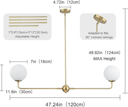 EDISLIVE Modern Milk Globe Chandelier 2-Light Frosted Glass Globe Pendant Light Fixture 47.2in E12 Linear Hanging Lighting for Kitchen Island Dinning Room Living Room Gold