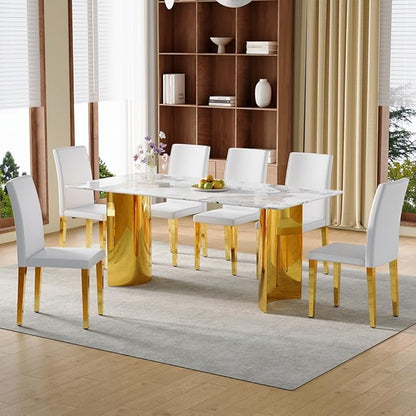 gopop Modern Dining Table for 6,71'' Faux Marble Kitchen Table with Gold Stainless Steel Base,Rectangular Gold Dinner Table Ideal for Kitchen Home Office