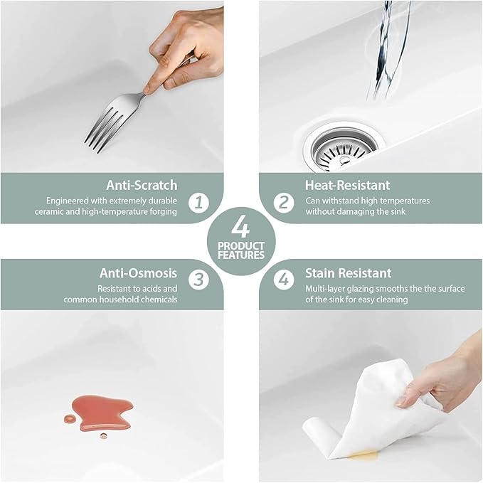 33 White Farmhouse Kitchen Sink Arched Apron - Kichae 33 Inch Kitchen Sink Apron Front White Fireclay Ceramic Porcelain Single Bowl Farm Style Kitchen Sinks Basin