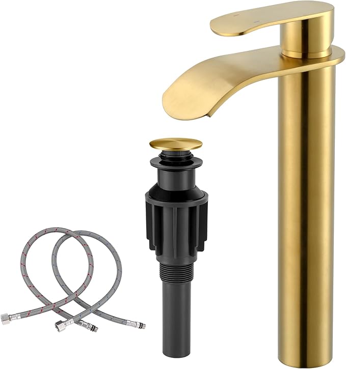 Vessel Sink Faucet Gold for Bathroom：WOWOW Single Handle Tall Bathroom Faucet - Waterfall Single Hole Mixer Bar Tap with Large Rectangular Spout, Deck Mount Lavatory Vanity with Pop Up Drain