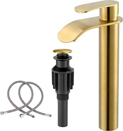 Vessel Sink Faucet Gold for Bathroom：WOWOW Single Handle Tall Bathroom Faucet - Waterfall Single Hole Mixer Bar Tap with Large Rectangular Spout, Deck Mount Lavatory Vanity with Pop Up Drain