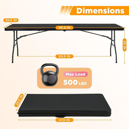 FDW 8FT Folding Table, Portable Fold-in-Half Plastic Picnic Party Table with Carrying Handle (Black, 8FT)