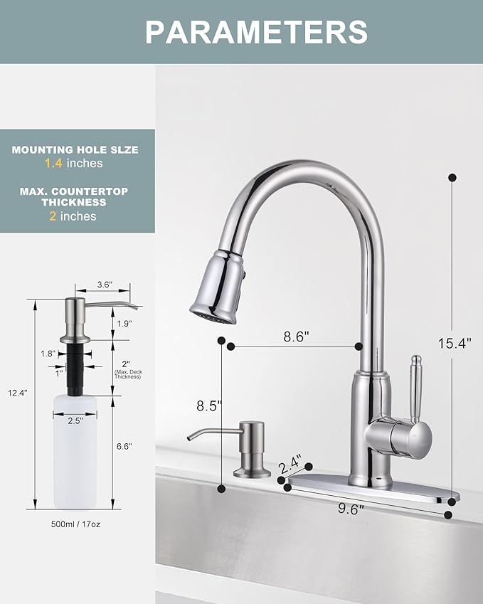 Chrome Kitchen Faucet with Soap Dispenser, WOWOW Stainless Steel Kitchen Faucet for Sink 2 or 4 Hole, High Arc Vintage Kitchen Sink Faucet with Pull Down Sprayer