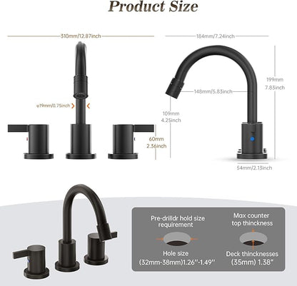 Phiestina Pull Out Sprayer Matte Black 8 Inch Bathroom Sink Faucet, Widespread 2 Handles 3 Hole Pull Down Bathroom Faucet, with Pop Up Drain and Water Supply Line, BF04022-K01-MB