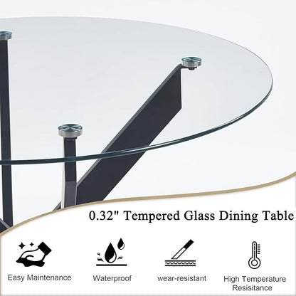 Round Dining Table, 36 Inch Glass Kitchen Table for 4 People, Tempered Glass Dinner Room Table with Silver X Metal Legs, Modern Circle Small Coffee Table for Home Dining Room Kitchen Restaurant