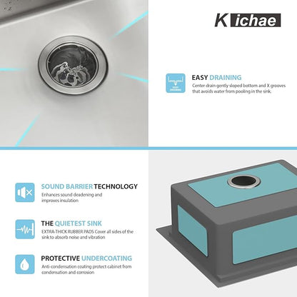 Kichae 21 Drop In Bar Sink- 21x20 Kitchen Sink Stainless Steel 16 Gauge Bar Prep Sinks Small Overmount Topmount Ledge Workstation Single Bowl Handmade Basin with Cutting Bowl