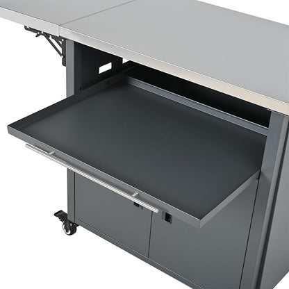 JIJIWANG 73.8" Outdoor Kitchen Island with Stainless Steel Top and Foldable Table, Kitchen Island with Trash and Spice Rack, BBQ Cart with Wheels for Backyard, Patio, Gray