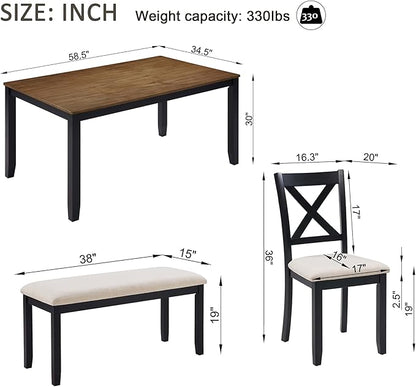 6 Piece Wooden Dining Table Set with Bench, Classic Farmhouse Dining Table Set for 6, Timeless Black and Oak Two Tone Dining Room Set for Kitchen and Dining Room