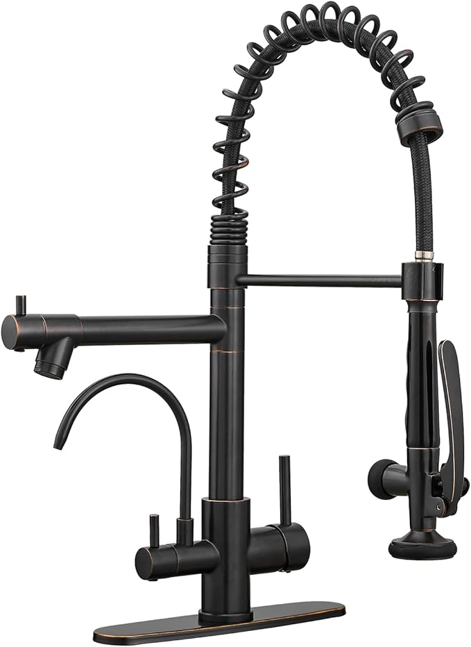 Fapully 3 in 1 Kitchen Faucet with Water Filler and Pull Down Sprayer, Oil Rubbed Bronze Commercial Kitchen Sink Faucet with Drinking Water Faucet for 1 or 3 Hole