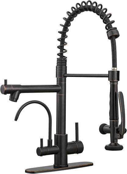 Fapully 3 in 1 Kitchen Faucet with Water Filler and Pull Down Sprayer, Oil Rubbed Bronze Commercial Kitchen Sink Faucet with Drinking Water Faucet for 1 or 3 Hole