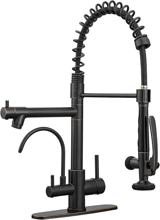 Fapully 3 in 1 Kitchen Faucet with Water Filler and Pull Down Sprayer, Oil Rubbed Bronze Commercial Kitchen Sink Faucet with Drinking Water Faucet for 1 or 3 Hole