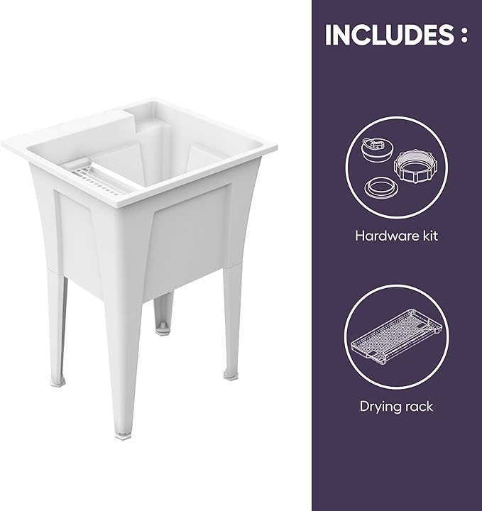 24” Utility Sinks for Laundry Room, Garage, Garden, Basement – Noah William Home Indoor and Outdoor Polypropylene Basement Wash Tub - No Faucet Included (White)
