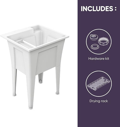 24” Utility Sinks for Laundry Room, Garage, Garden, Basement – Noah William Home Indoor and Outdoor Polypropylene Basement Wash Tub - No Faucet Included (White)