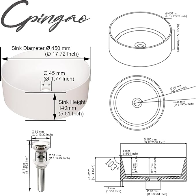 Cpingao 17.7 Inch Round Bathroom Vessel Sink, Above Counter Circle Matte Stone Countertop Modern Sink Art Basin for Lavatory Vanity Cabinet