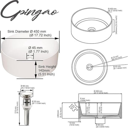 Cpingao 17.7 Inch Round Bathroom Vessel Sink, Above Counter Circle Matte Stone Countertop Modern Sink Art Basin for Lavatory Vanity Cabinet