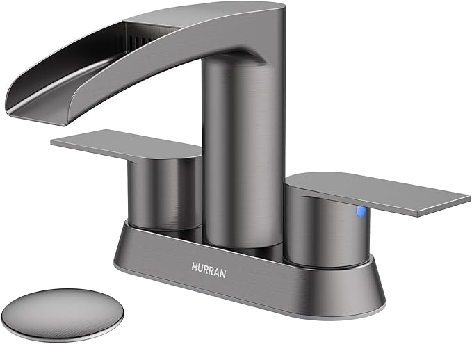 Bathroom Sink Faucet for 3 Hole, Hurran 4 Inch Bathroom Faucets with Pop-up Drain, Stainless Steel 2-Handle Waterfall Faucet for Bathroom Sink, Brushed Grey