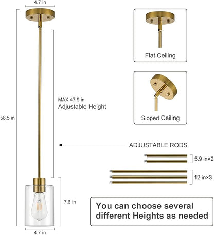 Modern Farmhouse Brass Gold Pendant Lights, Mini Hanging Light Fixture with Clear Glass Shade, Adjustable Rods for Kitchen Island, Sink, Bar (1 Pack)