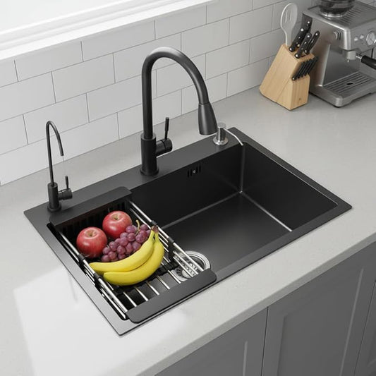 Drop In Kitchen Sink with Faucet Combo18 Gauge Stainless Steel Single Bowl Kitchen Sink Large Deep Round Corner Handmade Topmount Overmount Basin Kitchen Sinks (24"x18")