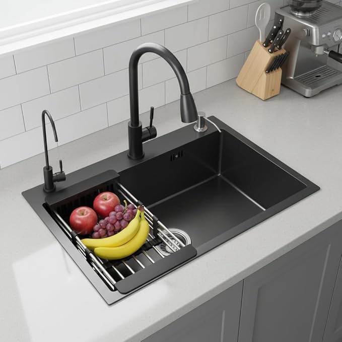 Drop In Kitchen Sink with Faucet Combo18 Gauge Stainless Steel Single Bowl Kitchen Sink Large Deep Round Corner Handmade Topmount Overmount Basin Kitchen Sinks (30"x18")