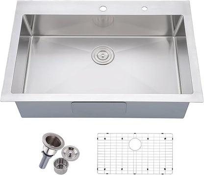 Friho 33x22 Drop in Kitchen Sink, Top Mount Commercial Handmade 18 Gauge Single Bowl Stainless Steel Sink with Dish Grid and Basket Strainer