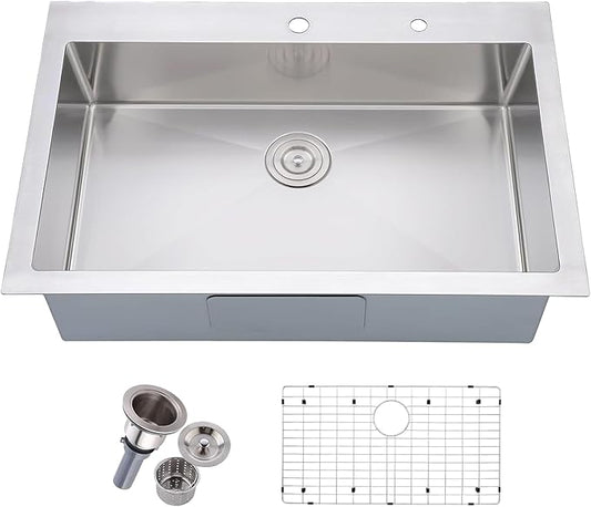 Friho 33x22 Drop in Kitchen Sink, Top Mount Commercial Handmade 18 Gauge Single Bowl Stainless Steel Sink with Dish Grid and Basket Strainer