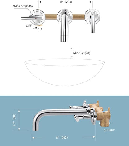 Wall Mount Bathroom Faucet - WOWOW Chrome Bathroom Sink Faucet - 2 Handle Wall Mount Vessel Sink Faucet 3 Holes Elegant Classic Spout Rough in Brass Valve Included