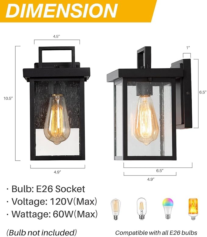 classy leaves Black Outdoor Wall Lights, Farmhouse Waterproof Square Exterior Lantern Wall Sconces with Seeded Glass Shade, Modern Anti-Rust Porch Light Fixtures for Patio, Yard, Garage, Front Door