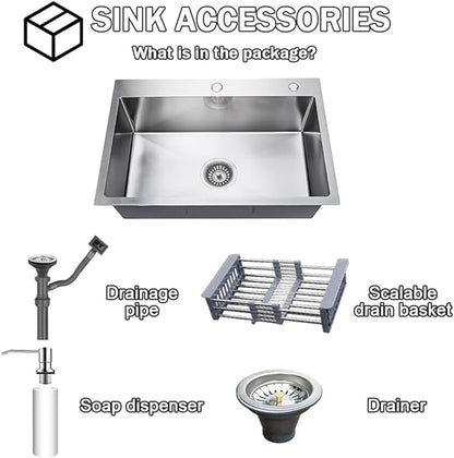 19.7 * 17.7in Drop In Kitchen Sink with 3 Holes,Silver Gray Topmount Stainless Steel Single Bowl Sinks With Drain basket & Soap dispenser