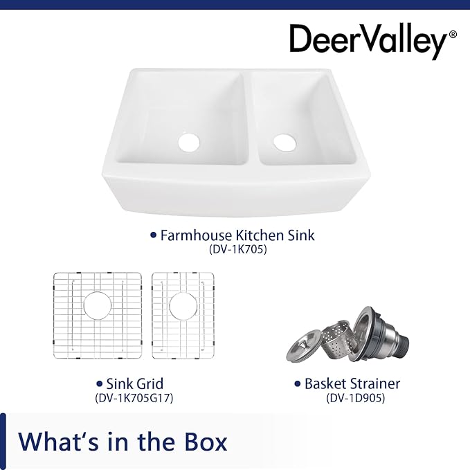 DeerValley Double Bowl White Kichen Sink 33 inch, Ceramic Apron Front Farmhouse Sink, Deep Drop-in Fireclay Undermount Large Sinks with Grid & Strainer