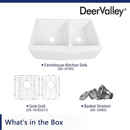 DeerValley Double Bowl White Kichen Sink 33 inch, Ceramic Apron Front Farmhouse Sink, Deep Drop-in Fireclay Undermount Large Sinks with Grid & Strainer