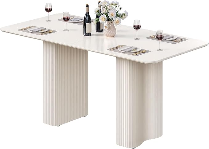 DWVO 63'' Dining Table for 4-6 People Modern Rectangular Kitchen Table with Solid Wave Curved Legs Large Cream White for Dining Room Kitchen Home Office Apartment Office White