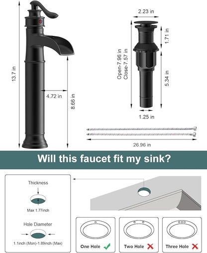 BWE Vessel Sink Faucet Waterfall Matte Black with Pop Up Drain Without Overflow and Supply Lines, Black Sink Faucet Bathroom One Handle Faucets Vanity Bath Mixer Tap