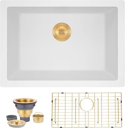Kitsitchen 23 Inch White Undermount Kitchen Sink, Small Granite Composite Kitchen Sink, 23" x 18" Quartz Stone Kitchen Sink with Drain Assembly & Bottom Gird