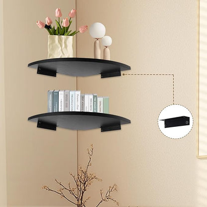 JJL Corner Shelf Wall Mounted, 12-Inch Sector Wood Floating Corner Shelves with Wire Hole, Set of 2 Circular arc Corner Shelf for Bedroom Corner Decoration, Black