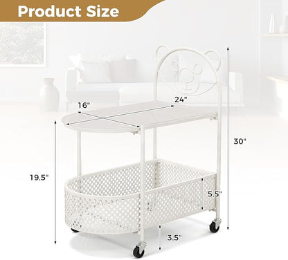Giantex Mobile Glass Coffee Table, 2-Tier Modern Cocktail Table with Bear Pattern, Storage Basket & Metal Frame, Sofa Side Tea Table on Lockable Wheels, Center Table for Living Room, Bedroom (White)