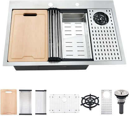 Stainless Steel Kitchen Sink with Cup Washer-Hovheir 31x20 Drop In Top Mount Kitchen Sink Workstation 16 Gauge Stainless Steel Single Bowl Deep Sinks Over Mount Sinks with Glass Rinser, Cutting board