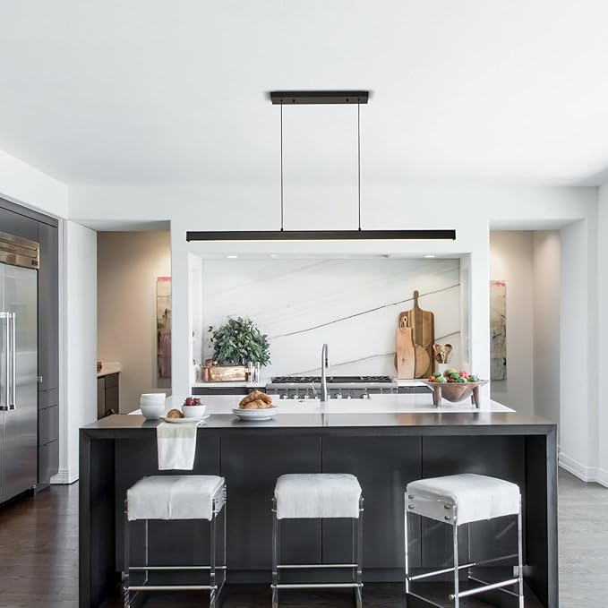 LED Linear Pendant Light Fixtures, 47'' Black Dimmable Island Light with Remote, 3000k-6000K Adjustable Color Temperature, Aluminum Chandelier Lamp Fixture for Kitchen, Dining Room, study room