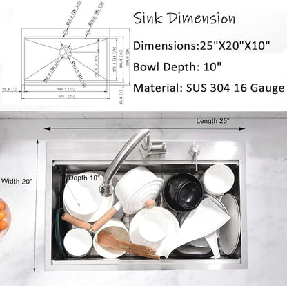 25 Inch Kitchen Sink Drop In Worktation -Wesliv 25x20 Inch Top Mount Drop In Sinks Stainless Steel 16 Gauge Single Bowl Overmount Kitchen Sink Basin with Cutting Board & Colander