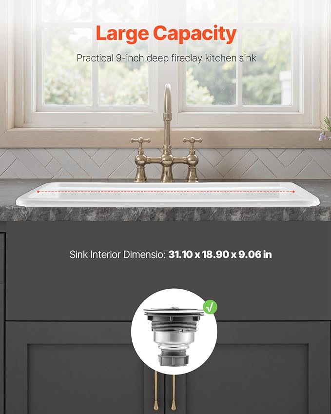 VEVOR 33x19 inch Farmhouse Sink, White Sink Workstation, Fireclay Topmount Undermount Basin, Drop-In Single Bowl Basin with Multiple Accessories, Large Capacity Household Dishwasher Sinks for Kitchen