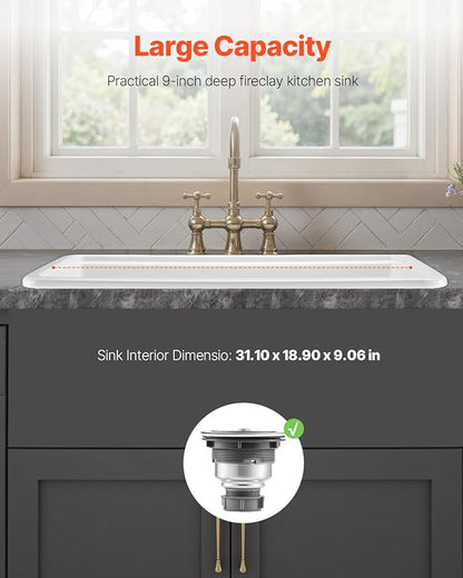 VEVOR 33x19 inch Farmhouse Sink, White Sink Workstation, Fireclay Topmount Undermount Basin, Drop-In Single Bowl Basin with Multiple Accessories, Large Capacity Household Dishwasher Sinks for Kitchen