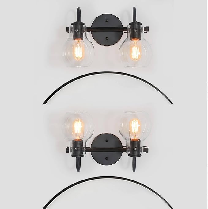 KSANA Black Bathroom Light Fixtures, 2-Light Modern Farmhouse Black Vanity Lights with Clear Glass Shade Over Mirror for Hallway, Kitchen, Bedroom, and Living Room
