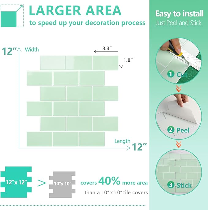 STICKGOO Peel and Stick Backsplash Subway Tiles, 10 Sheets of 12" x 12" - 3D Adhesive Peel and Stick Tile Backsplash for Kitchen, Bathroom, Wall Tile (Thicker Design, Light Green)