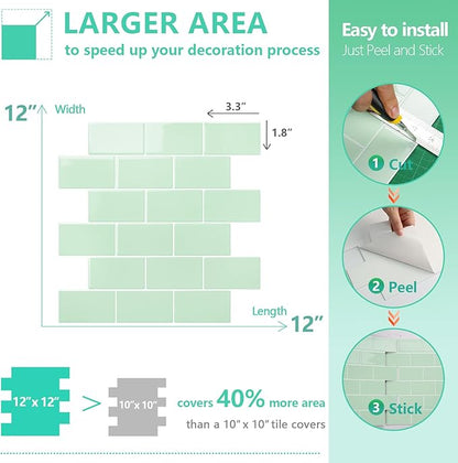 STICKGOO Peel and Stick Backsplash Subway Tiles, 10 Sheets of 12" x 12" - 3D Adhesive Peel and Stick Tile Backsplash for Kitchen, Bathroom, Wall Tile (Thicker Design, Light Green)