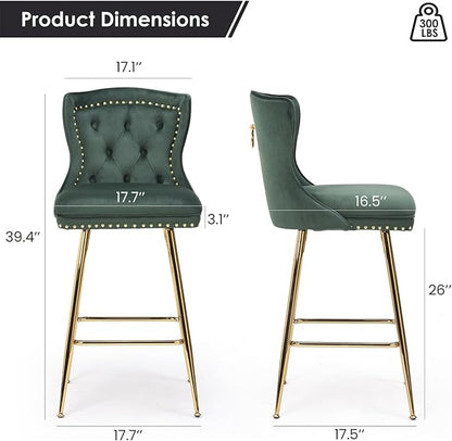 Luxurious Velvet Counter Height Bar Stools Set of 2 with Metal Legs, Button Tufted, Nailheads Trim, Wing-Back Bar Chairs for Kitchen Island Dining Room Pub(Green)