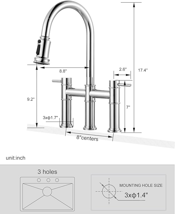 Bridge Faucet for Kitchen Sink: iVIGA Chrome Farmhouse 3 Hole Kitchen Faucet with Pull Down Sprayer (3 Spray Modes) - 2 Handle High Arc Brass Faucet with 360° Swivel, with Supply Lines