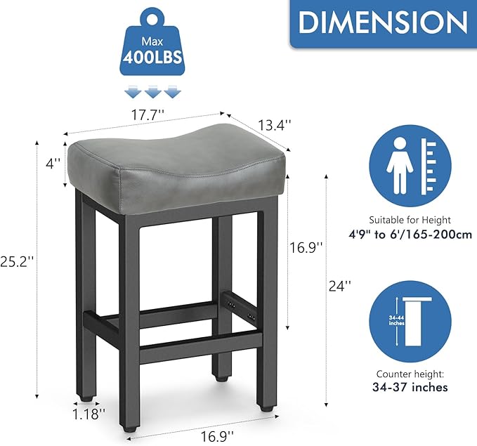 Raynesys Counter Height Bar Stools Set of 2, 24 Inch Barstools for Kitchen Island Counter, Bonded Leather Kitchen Stools with Thick Saddle Seats & Heavy Duty Metal Base, Easy Assembly, Gray/Black
