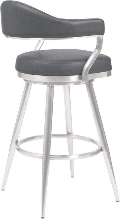 Armen Living Justin Modern Farmhouse 30" Seat Height Swivel Vintage Gray Faux Leather Bar Stool with Brushed Stainless Steel Legs for Kitchen Island Counter